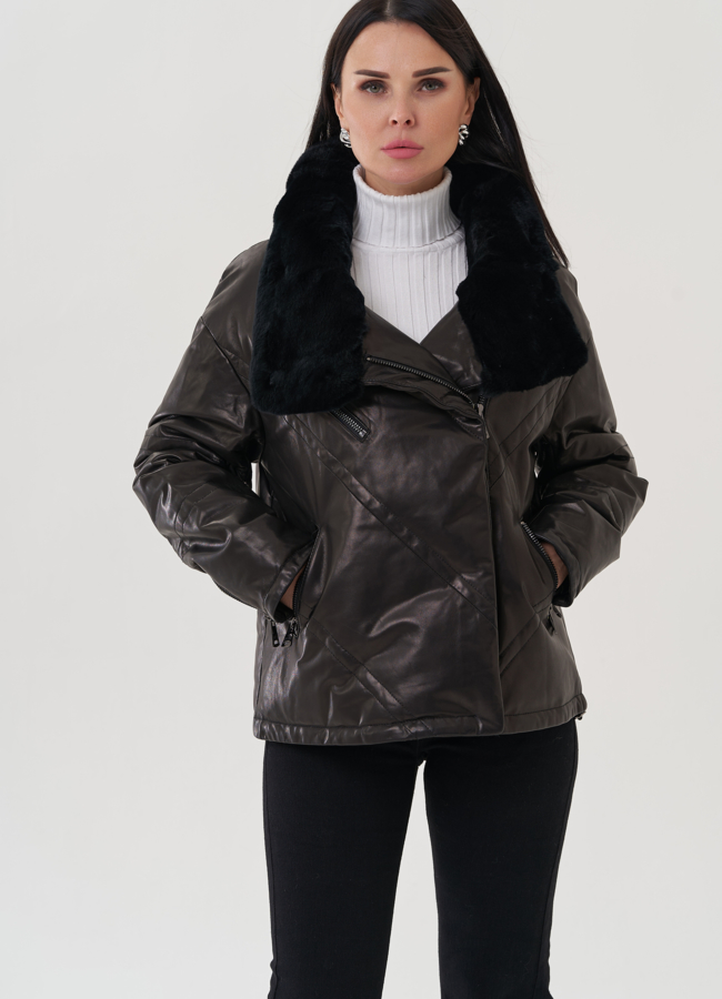 Куртка из натуральной кожи с отложным воротником модель № 25379 меха малина