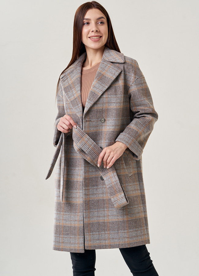 Бежевое женское пальто в клетку модель № 22949 универмаг малина