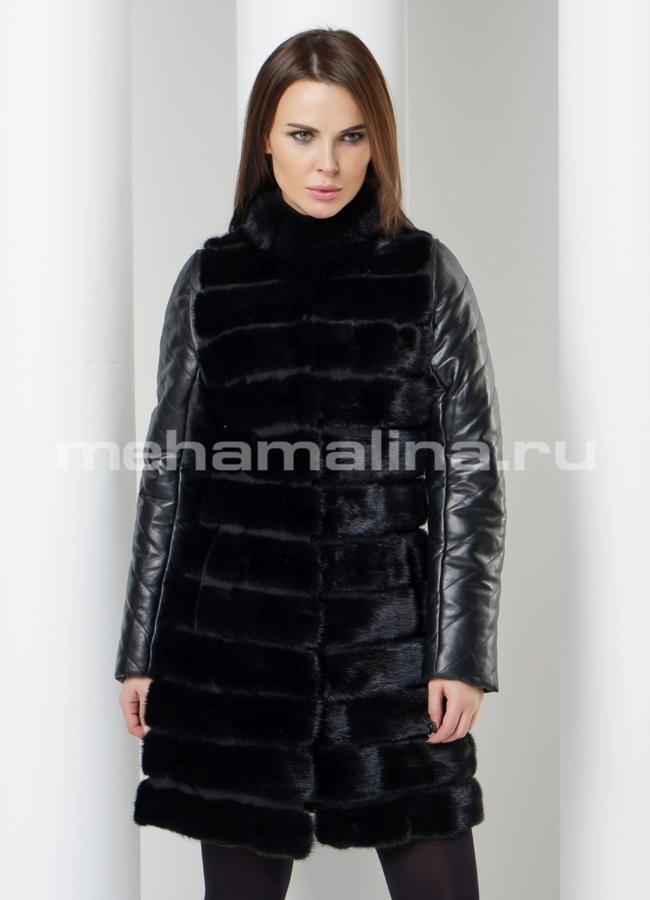 Френч с кожаными рукавами модель № K-398 меха малина