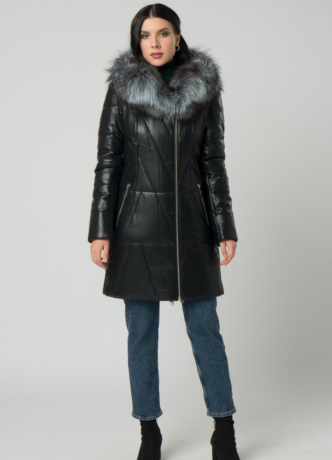 фото Пуховик из эко кожи черного цвета с чернобуркой модель № 18983