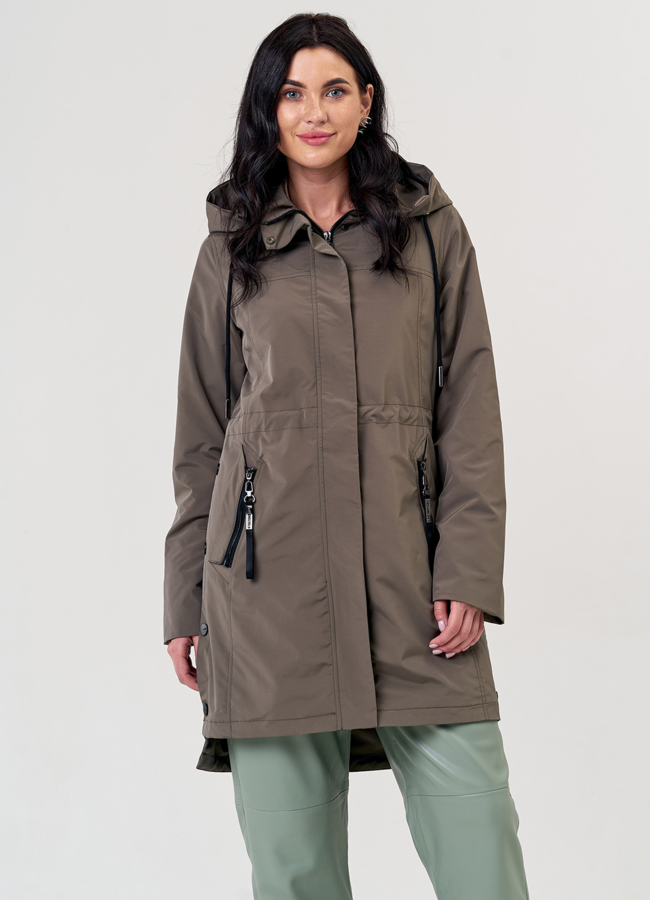 Плащ женский бежевого цвета модель № 6115 меха малина