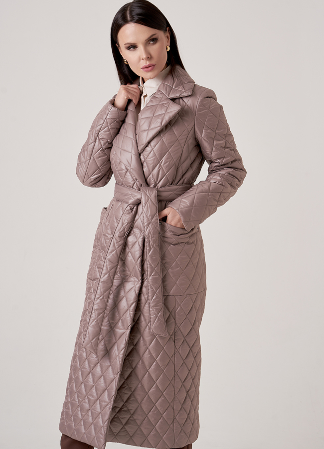 Женское демисезонное пальто на поясе модель № 17783 меха малина