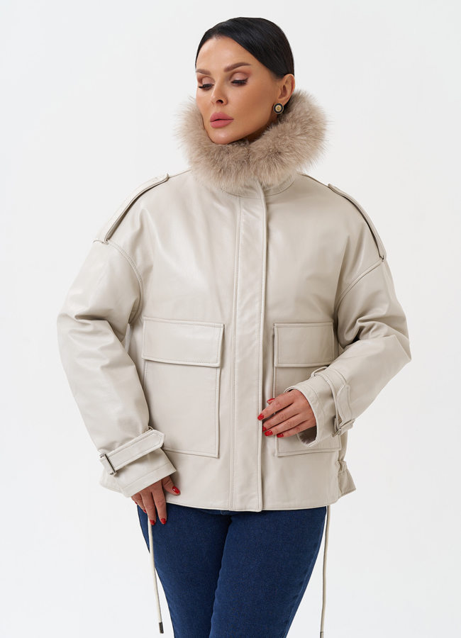 Женский кожаный пуховик с отделкой из песца модель № 28525 универмаг малина