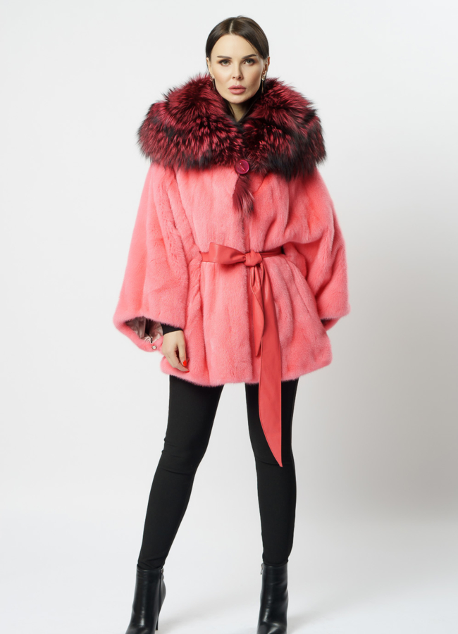 фото Укороченная норковая шуба с капюшоном в розовом цвете модель № 2012-8