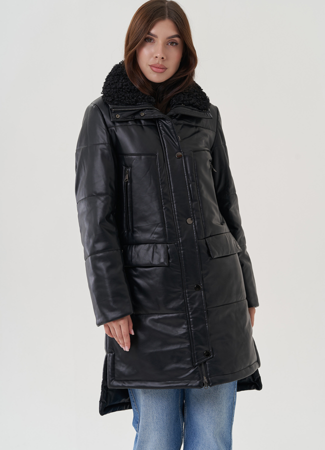 Пуховик из эко кожи с отделкой воротника модель № 25344 в рассрочку
