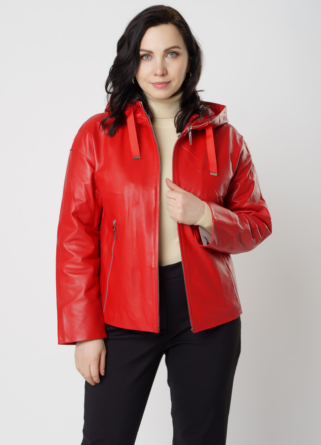 Красная кожаная куртка с капюшоном модель № 91208 меха малина