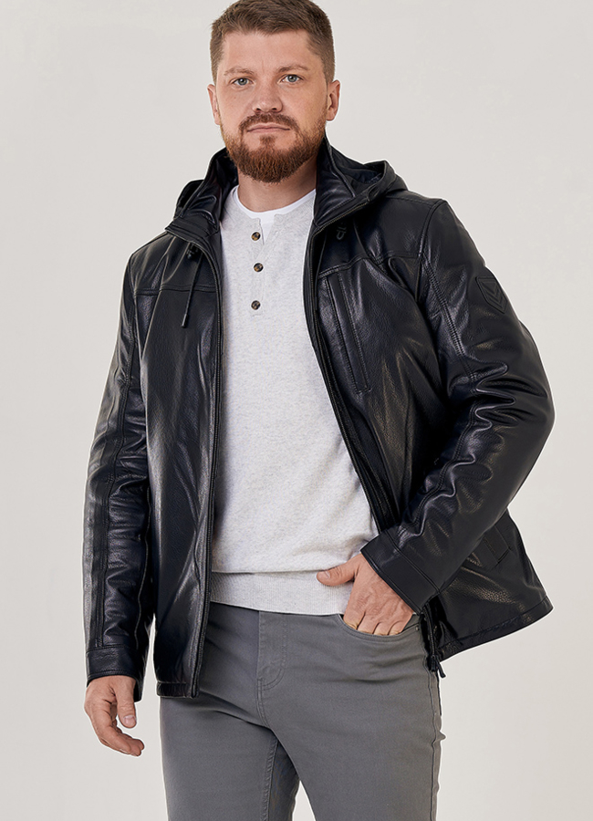 Мужская кожаная куртка с капюшоном модель № 23146 универмаг малина