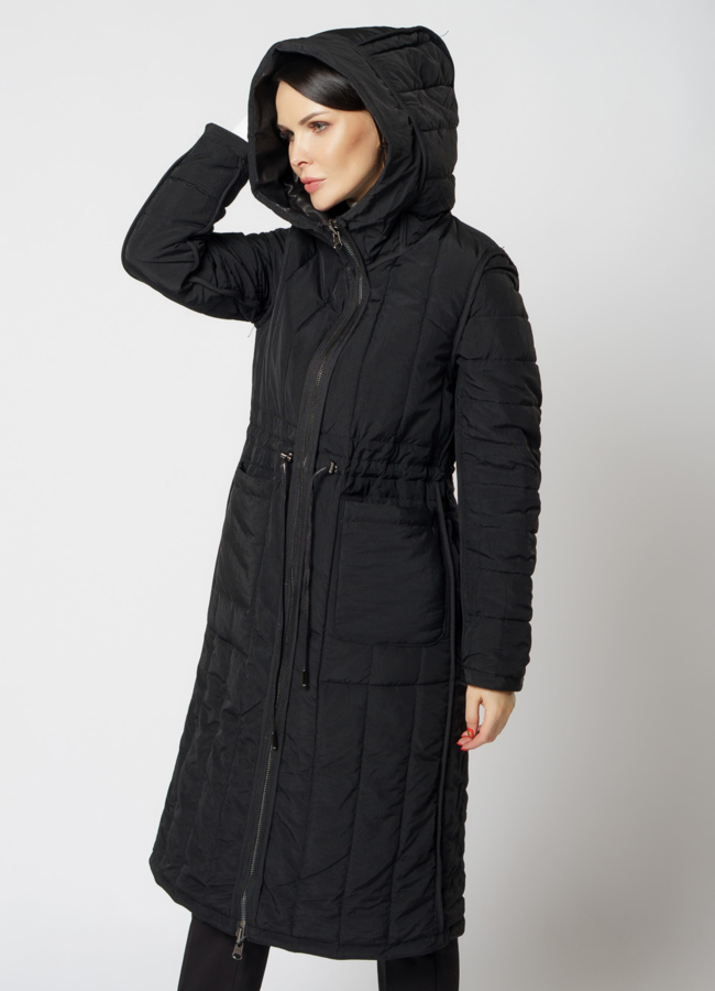 Пальто из натуральной кожи черного цвета с капюшоном 2 в 1 модель № 18233 универмаг малина