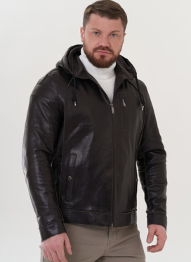 Мужская кожаная куртка с капюшоном