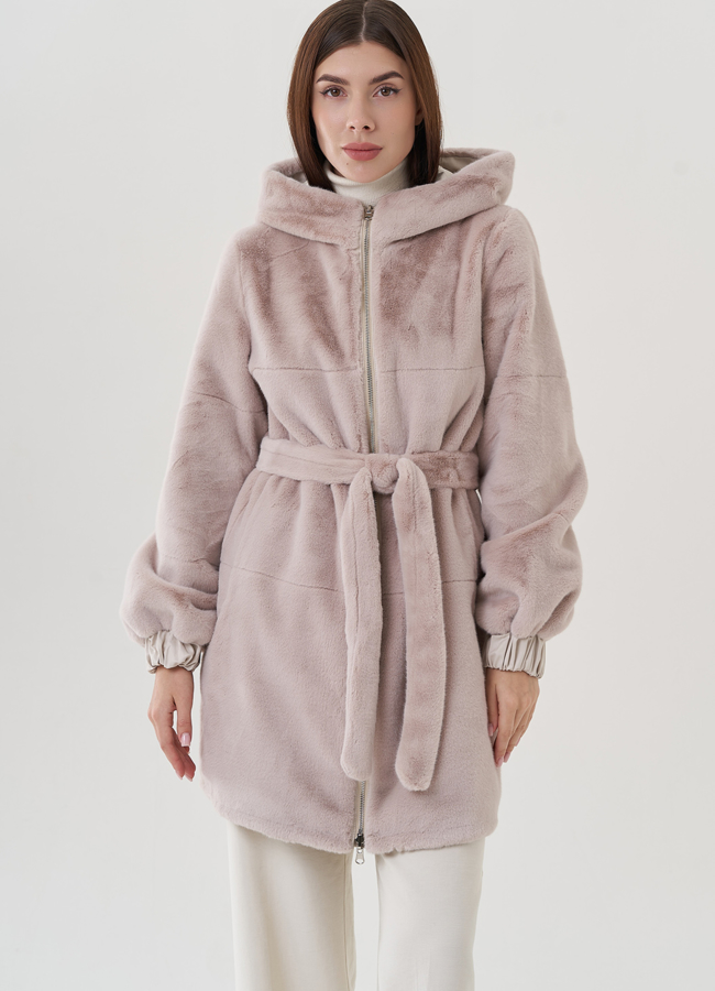 Двухстороннее женское полупальто из эко меха модель № 25352 меха малина