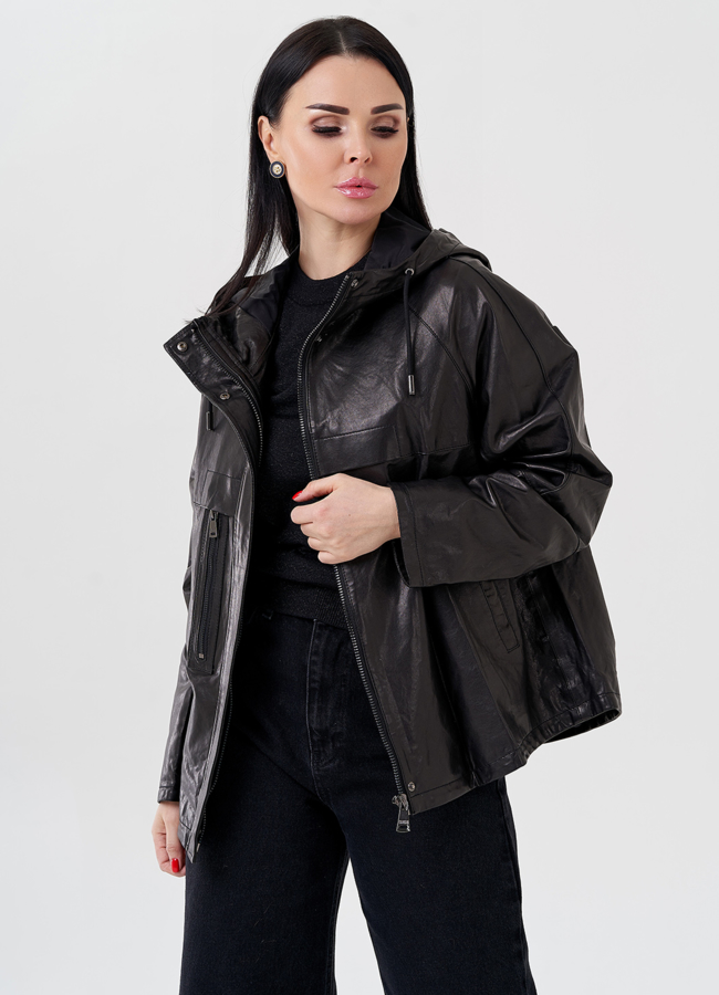 Женская куртка из натуральной кожи с капюшоном  модель № 24091 в рассрочку