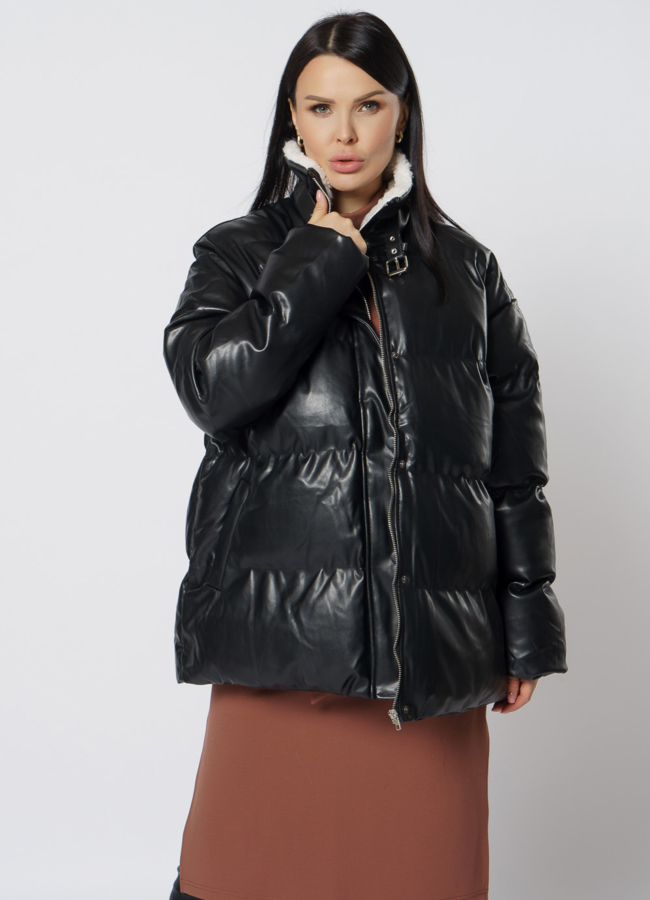 Куртка из эко кожи черного цвета с воротником стойкой модель № 21712 универмаг малина