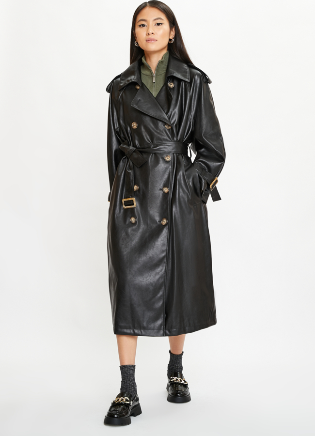 Женский плащ из эко кожи черного цвета Electra Style модель № 22267 меха малина