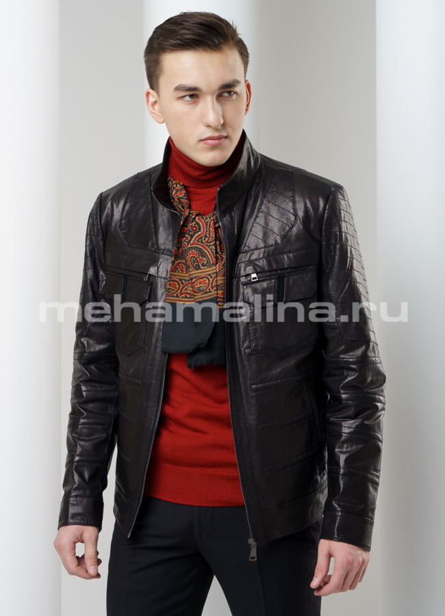 Кожаная куртка модель № KP-168 меха малина