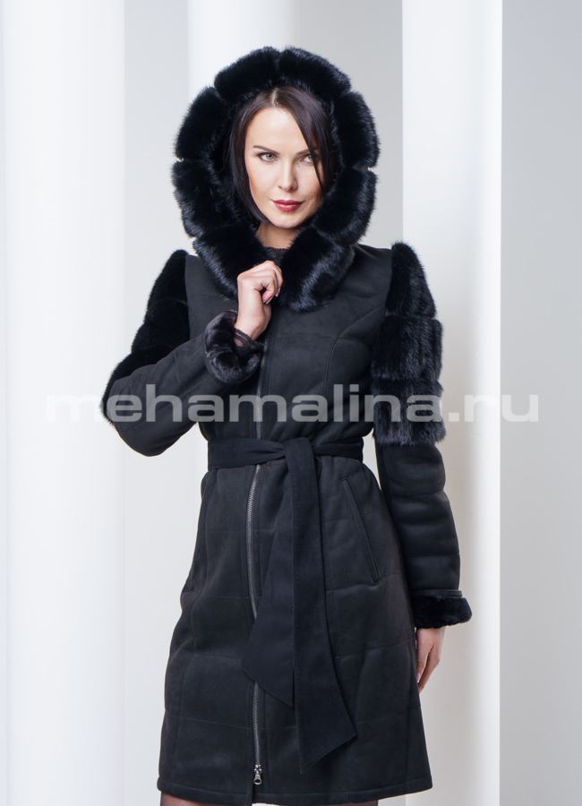 фото Дубленка с норкой, цвет черный модель № D-140