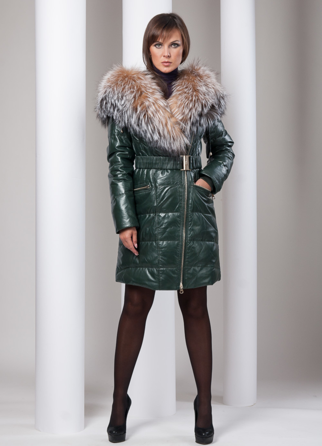 Кожаный пуховик модель № П-15 меха малина