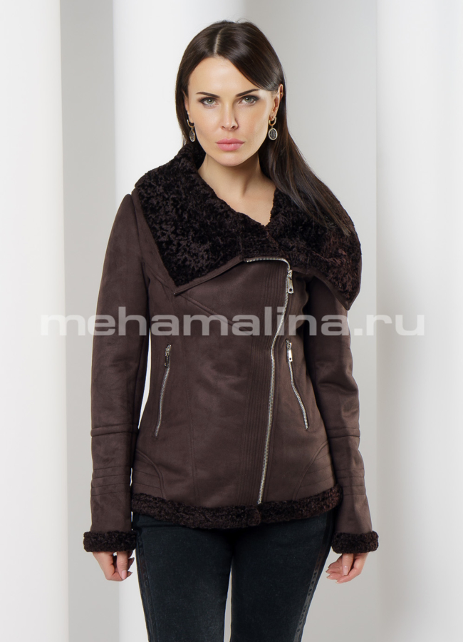 Дубленка эко  на молнии с отложным воротником модель № 9180 меха малина