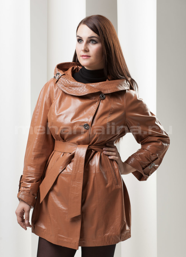 Кожаный плащ, цвет виски модель № K-158 в кредит