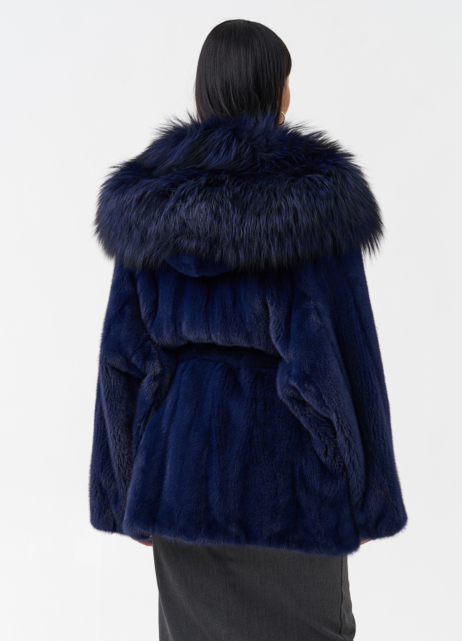 Синяя норковая шуба с капюшоном модель № 28098 в кредит