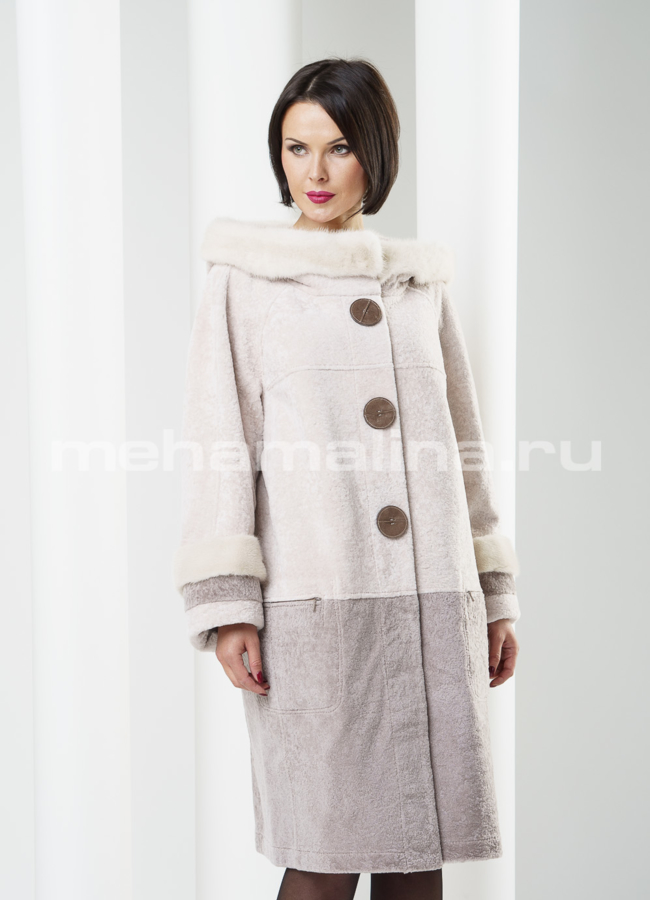 Лакон- двустороннее меховое пальто с капюшоном модель № S-216 меха малина