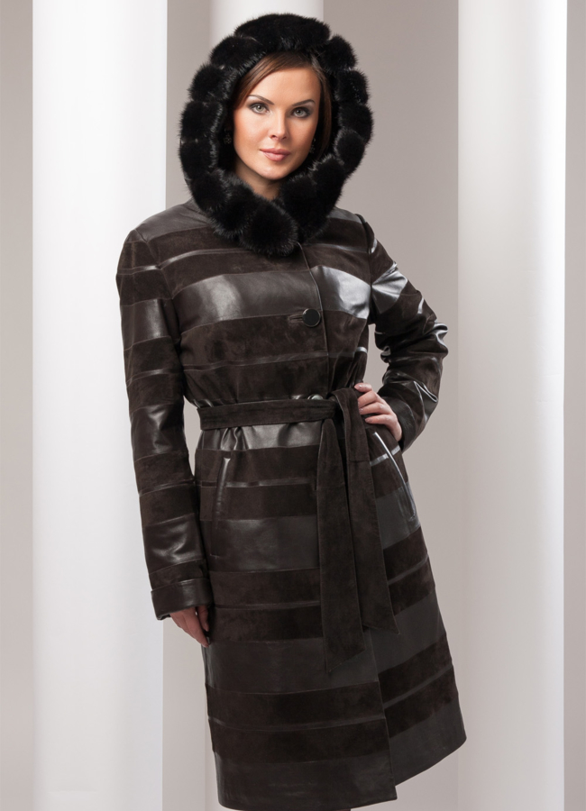 фото Кожаное пальто утепленное с капюшоном модель № K-66