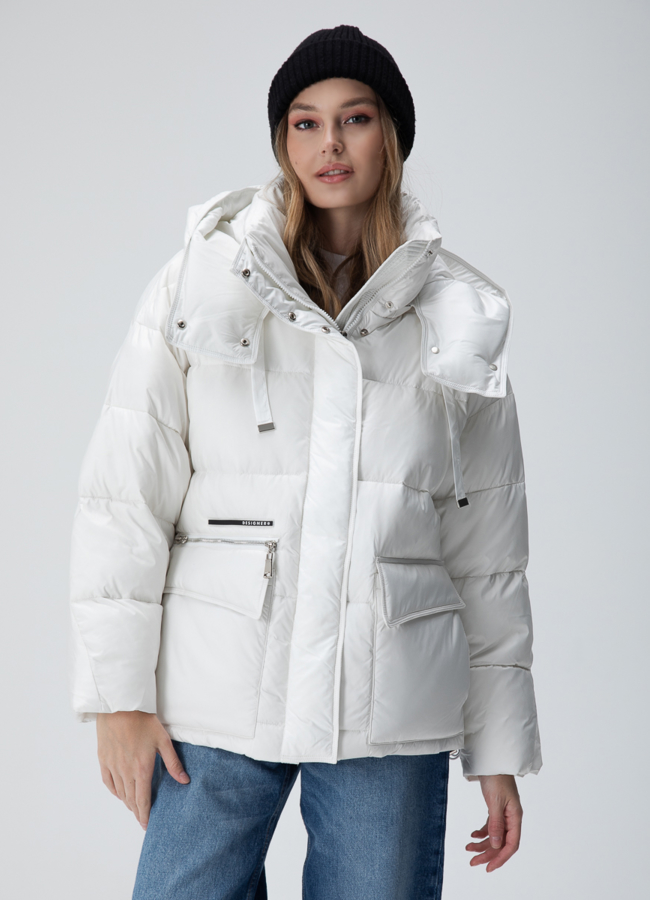 Женский пуховик с капюшоном  модель № 28415 меха малина