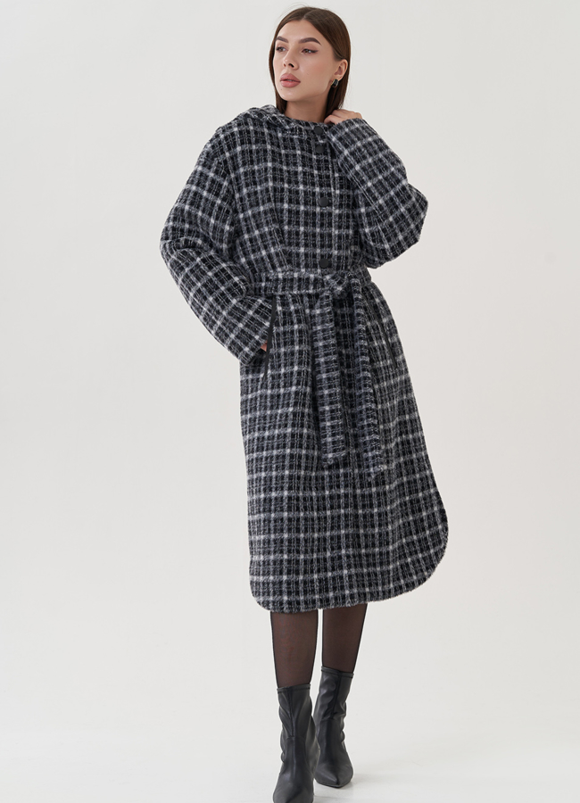 Пальто утепленное с принтом в клетку модель № 25461 меха малина