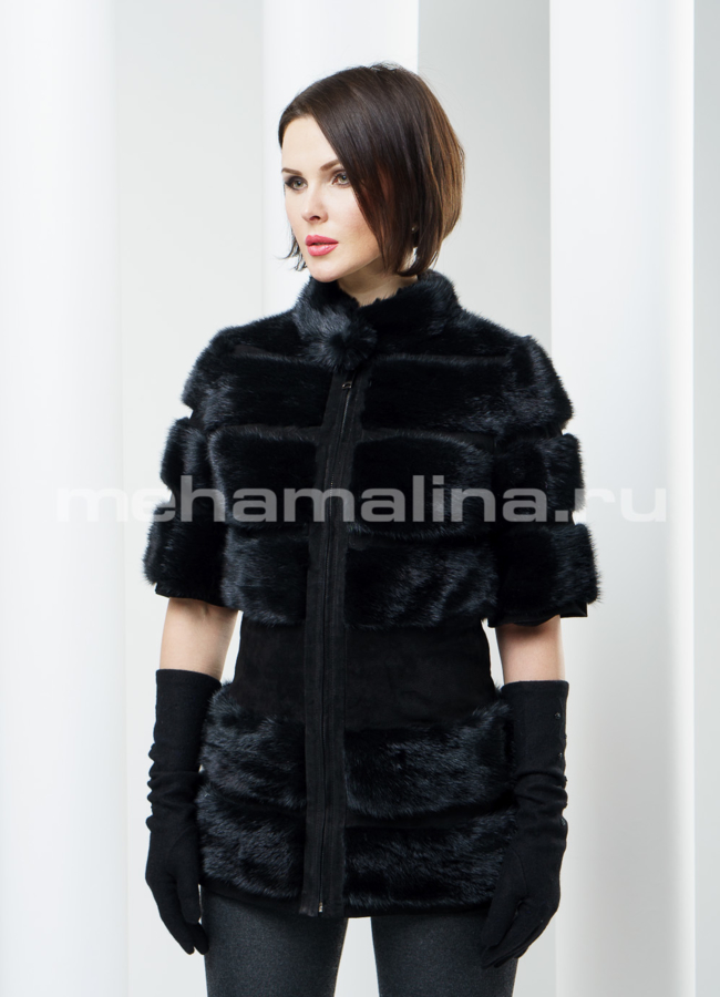 фото Норковый жакет с замшевым корсетом модель № M-44