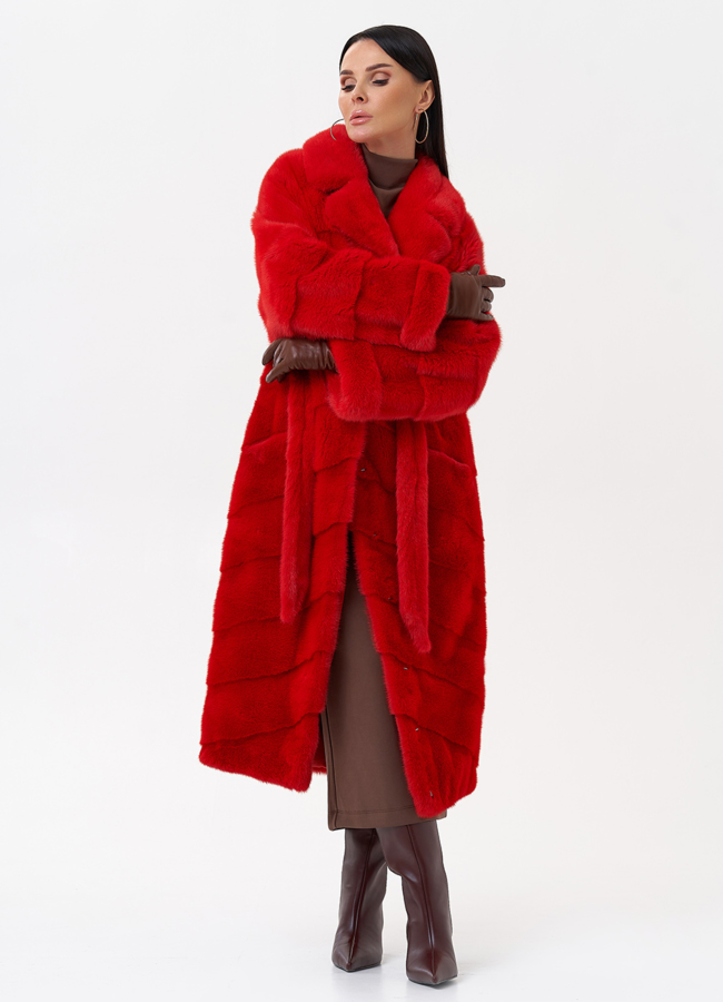 Длинная красная шуба из норки модель № 26244 в рассрочку