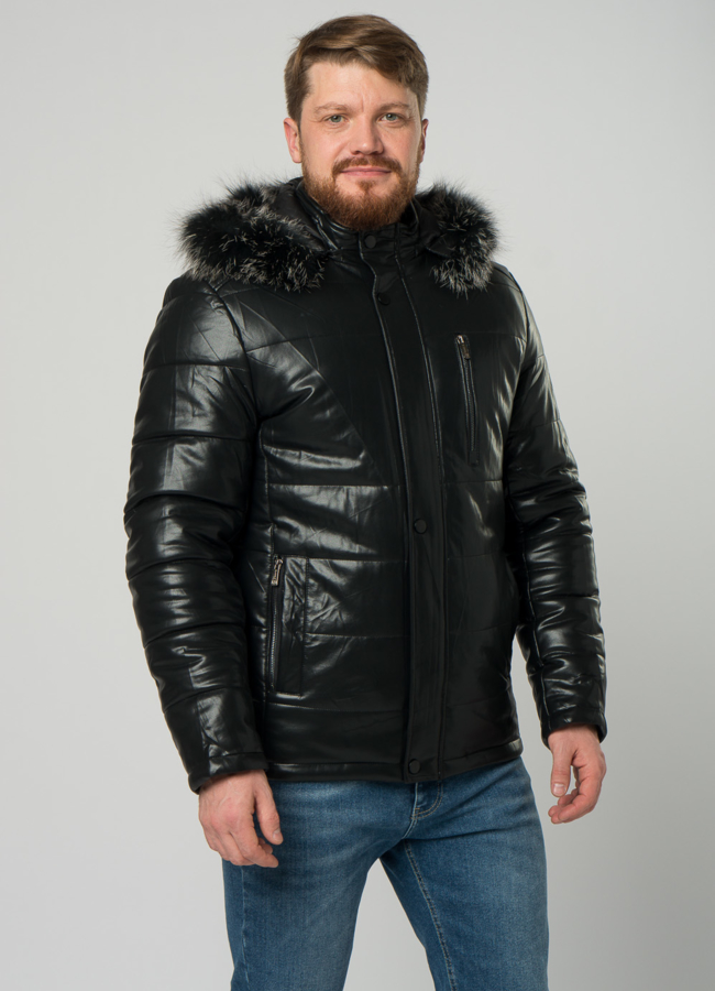 Мужской пуховик из эко кожи черного цвета модель № 21876 универмаг малина