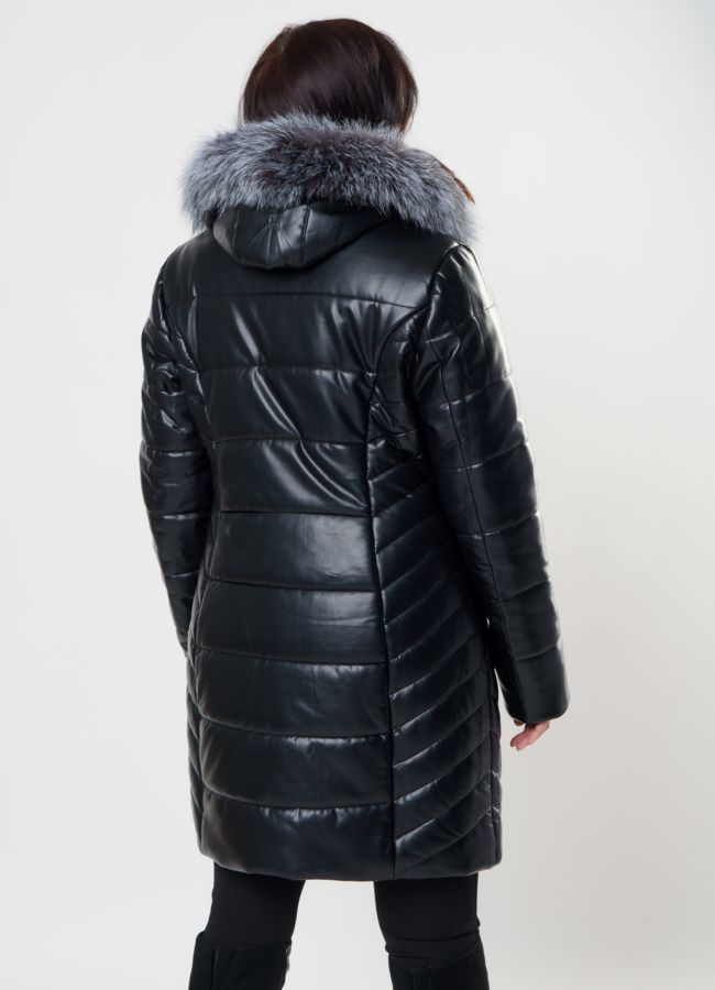 Пуховик из эко кожи черного цвета с чернобуркой модель № 82055 в рассрочку