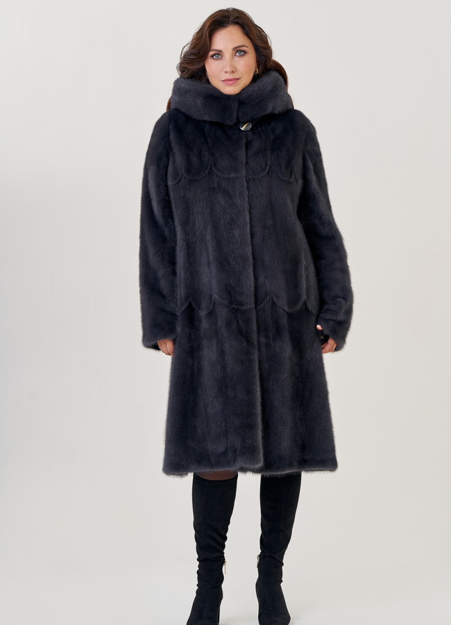 Удлиненная классическая шуба с капюшоном в цвете графит модель № 23166 универмаг малина