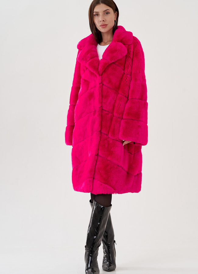 Удлиненная женская шуба из кролика в цвете фуксия модель № 81858 универмаг малина