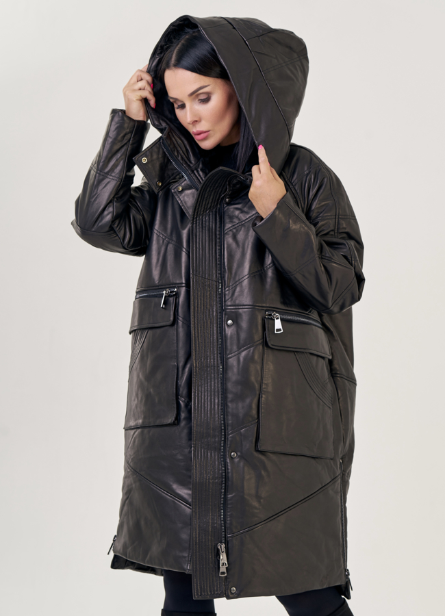 Женский пуховик из натуральной кожи с капюшоном модель № 23266 меха малина