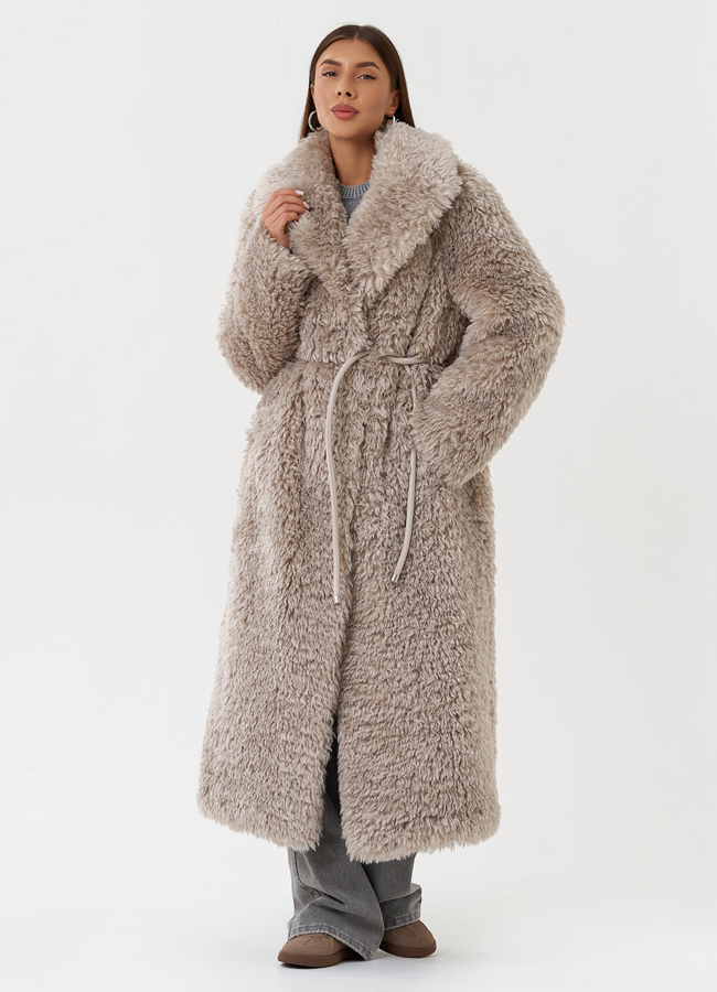 Длинная шуба под овчину с английским воротником модель № 28551 в кредит