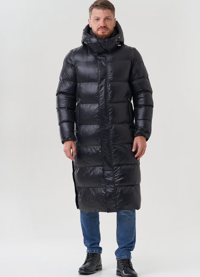 фото Пуховик мужской черного цвета с капюшоном  модель № 82442