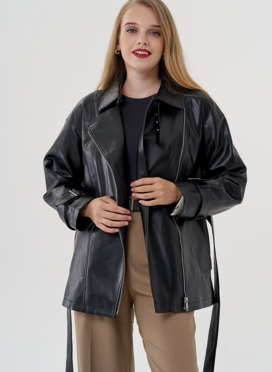 Утепленная весенняя куртка из эко кожи с поясом