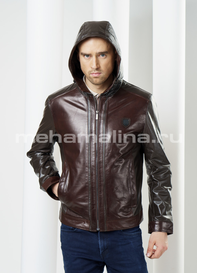 фото Кожаная куртка с капюшоном, цвет коричневый модель № KP-96