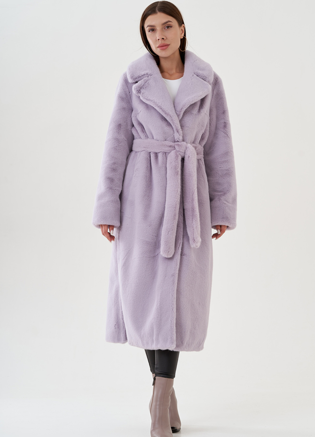 Удлиненная шуба из экомеха в светло-фиолетовом цвете модель № 81535 меха малина