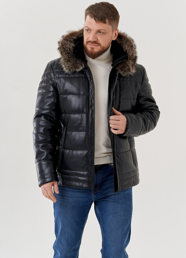 Мужской пуховик из эко кожи с капюшоном  модель № 79602 меха малина
