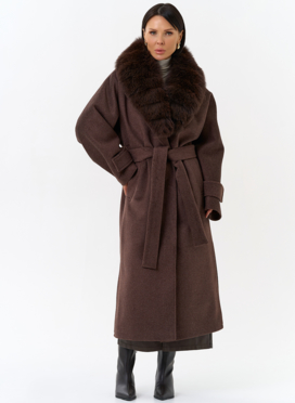 Женское утепленное пальто с отделкой из меха песца