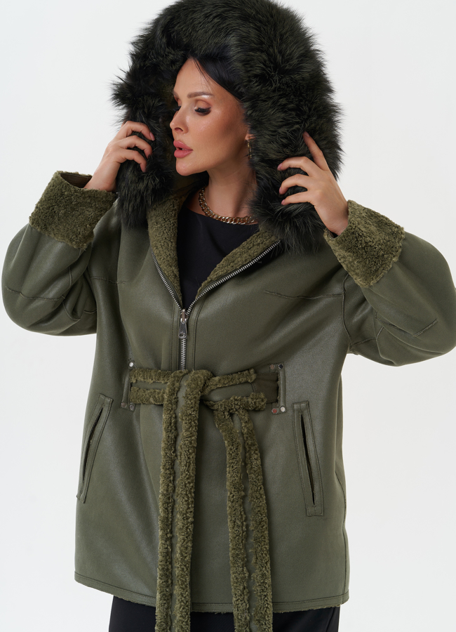 Эко дубленка с капюшоном из меха чернобурки модель № 27771 универмаг малина