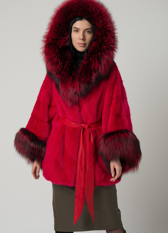 Шуба из норки в красном цвете модель № 1601 меха малина