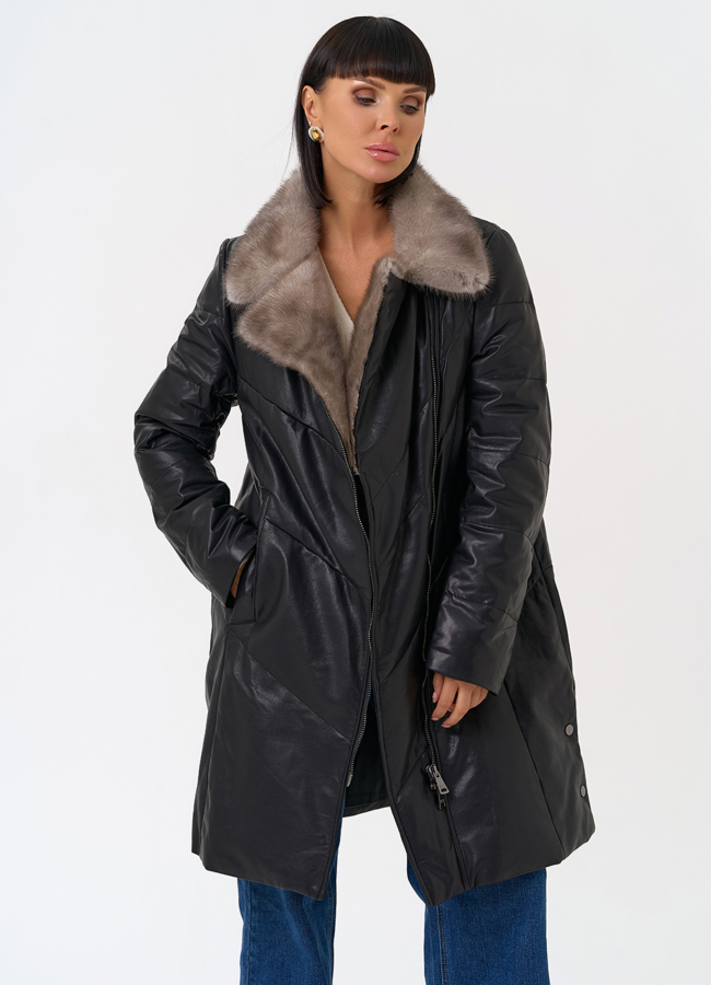 Пуховик из натуральной кожи с воротником из меха норки модель № 31566 универмаг малина Пуховик из натуральной кожи с воротником из меха норки модель № 31566 универмаг малина