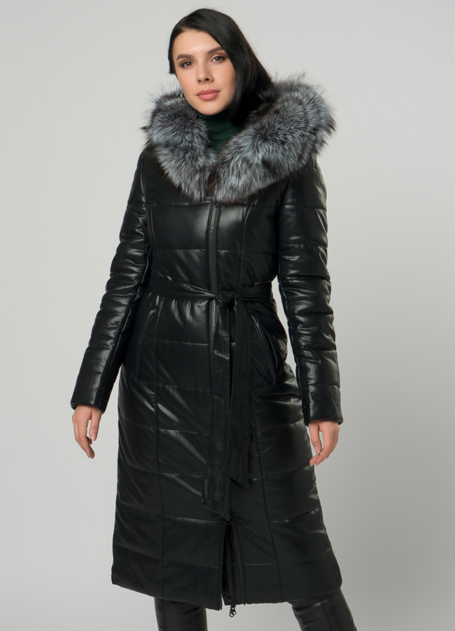 Длинный пуховик из эко кожи с мехом модель № 63676 универмаг малина