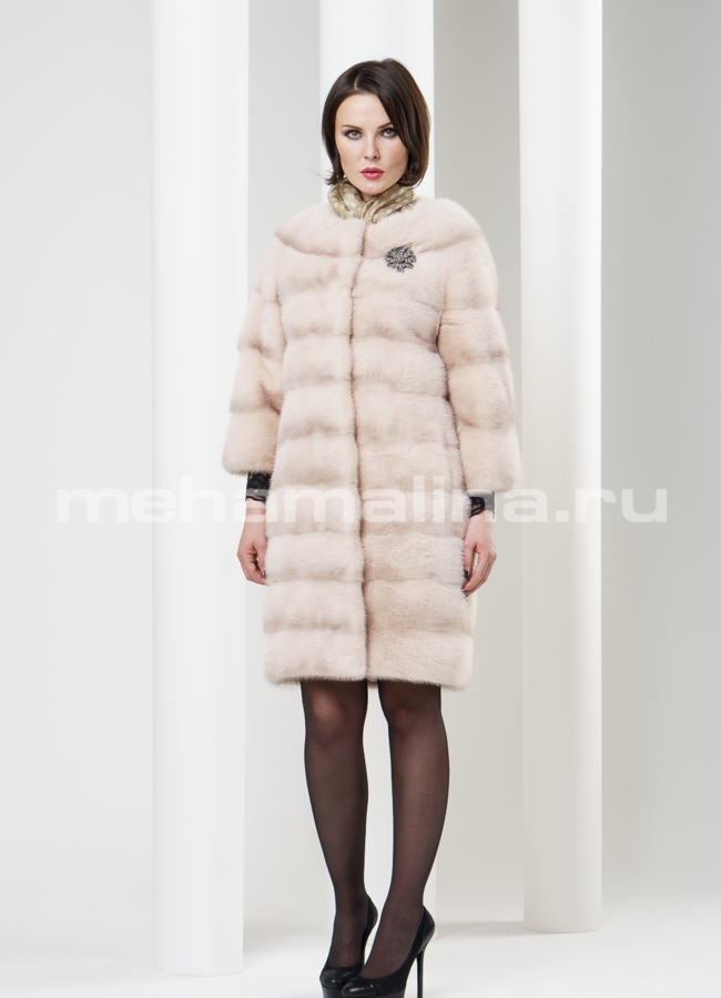 Шуба из норки, воротник шанель, цвет пудра модель № S-187 в рассрочку