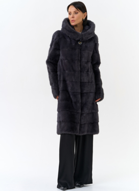 Норковая шуба в цвете графит с капюшоном 