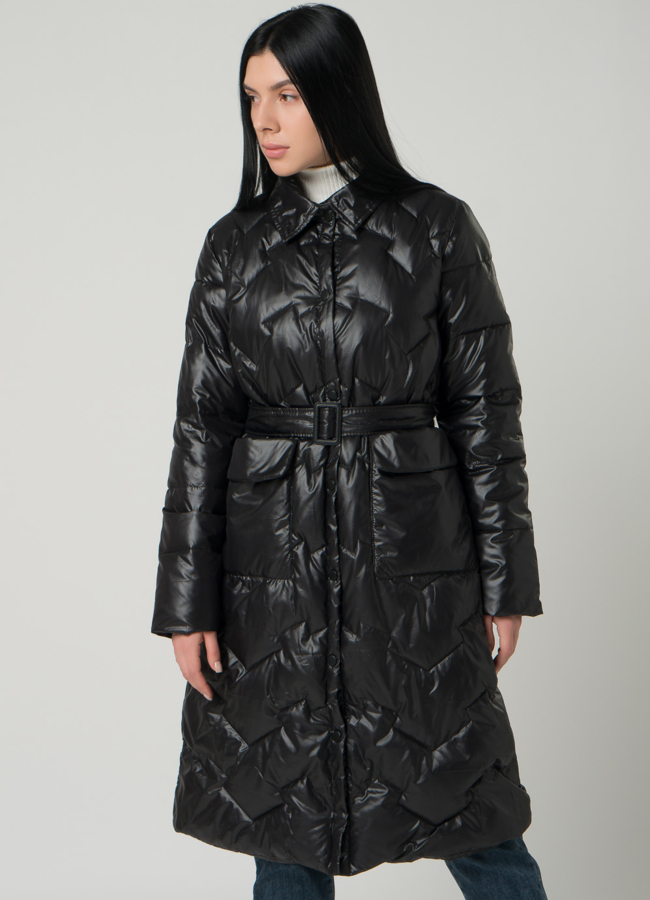 Удлиненное женское пальто  в черном цвете с отложным воротником модель № 22330 универмаг малина