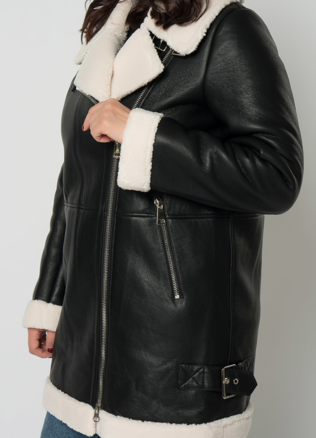 Удлиненная дубленка пилот из эко кожи в черном цвете модель № 21696 универмаг малина