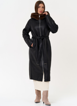 Женская дубленка из эко замши с поясом Женская дубленка из эко замши с поясом